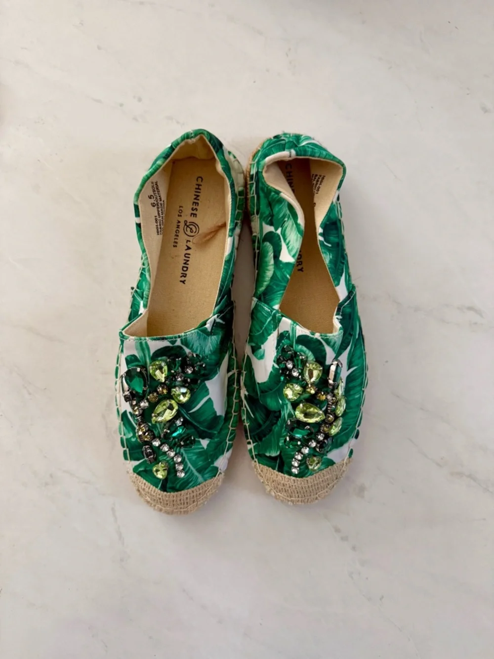 Green Chinese Laundry Palm Leaf Crystal Tropical Resort | Espadrille Flats NWOT